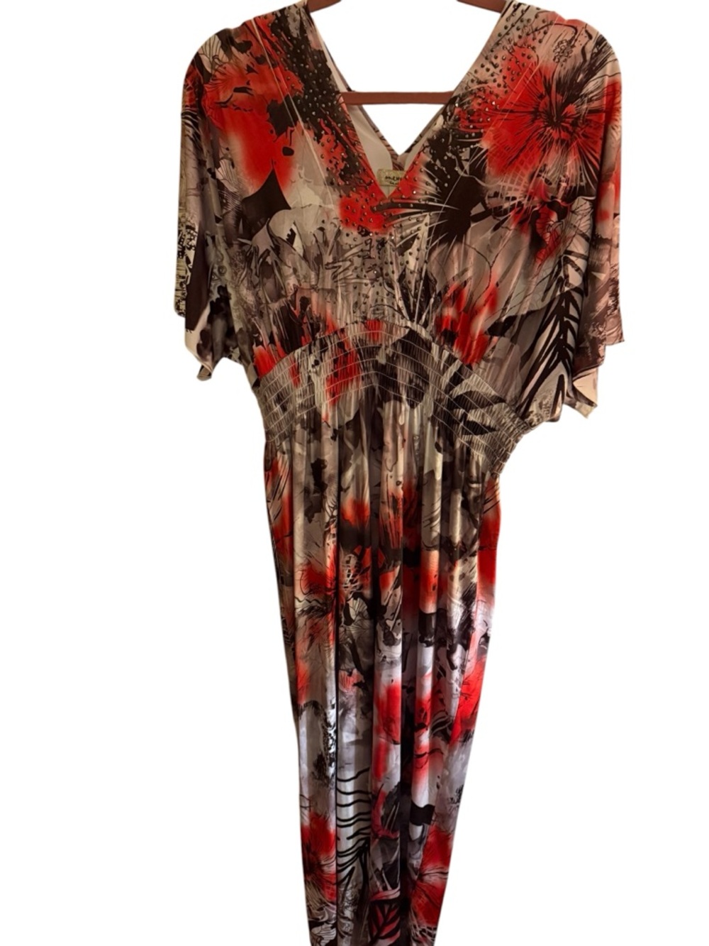 One World Maxi Dress XL Boho Abstract Print Beaded Neckline Stretch Waist